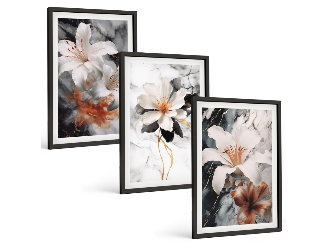 Conjunto De Pinturas Flores, Mármore, Branco, Preto Espelharte (3 Peças 40x60 Cm)