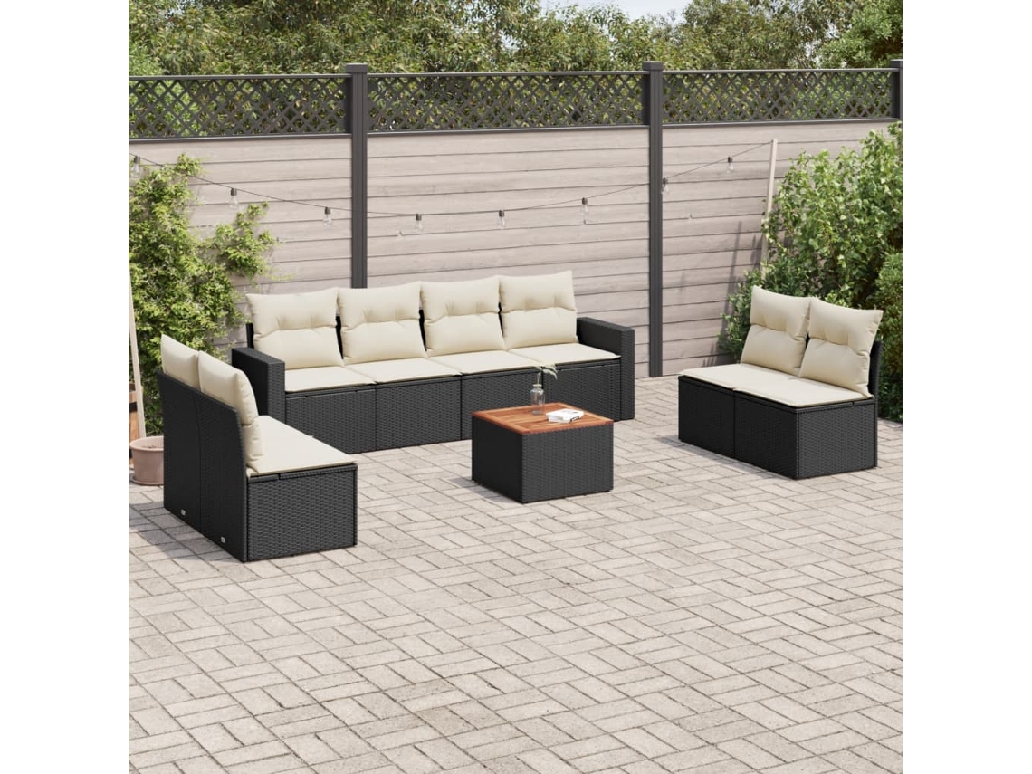 Jogo de Sofá 9 Peças P/ Jardim C/ Almofadões Vime Pe Preto Dkd Home Decor