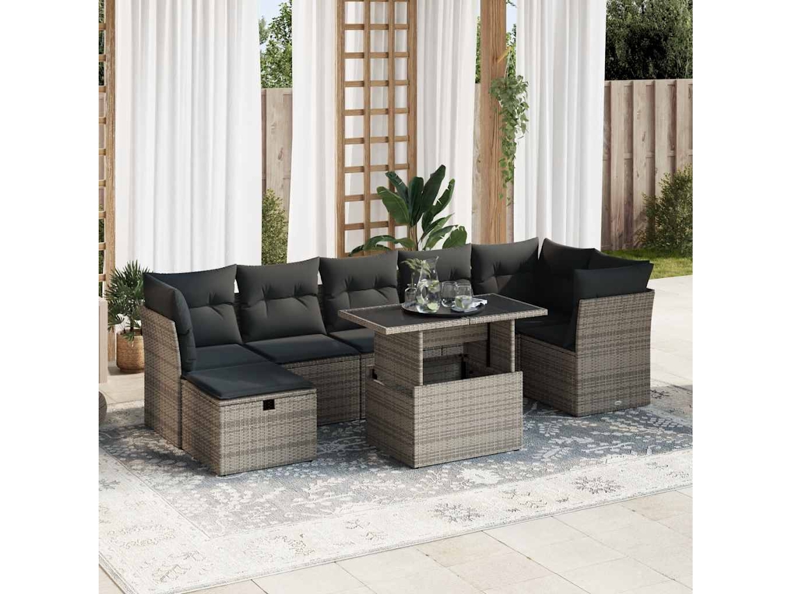 Vidaxl 8 Pcs Conjunto Sofás De Jardim C/ Almofadões Vime Pe Cinzento