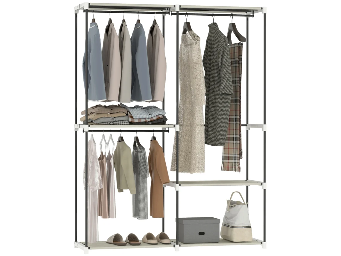 Armário de Roupa Aberto 142x43x185 Cm Armário para Roupas com 4 Prateleiras de Tecido 3 Barras para Pendurar Creme Ge