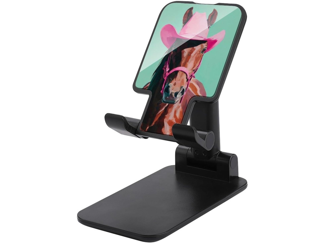 Suporte Dobrável E Ajustável Para Celular Com Um Majestoso Cavalo Marrom Usando Chapéu De Cowboy Rosa Ideal Mesas