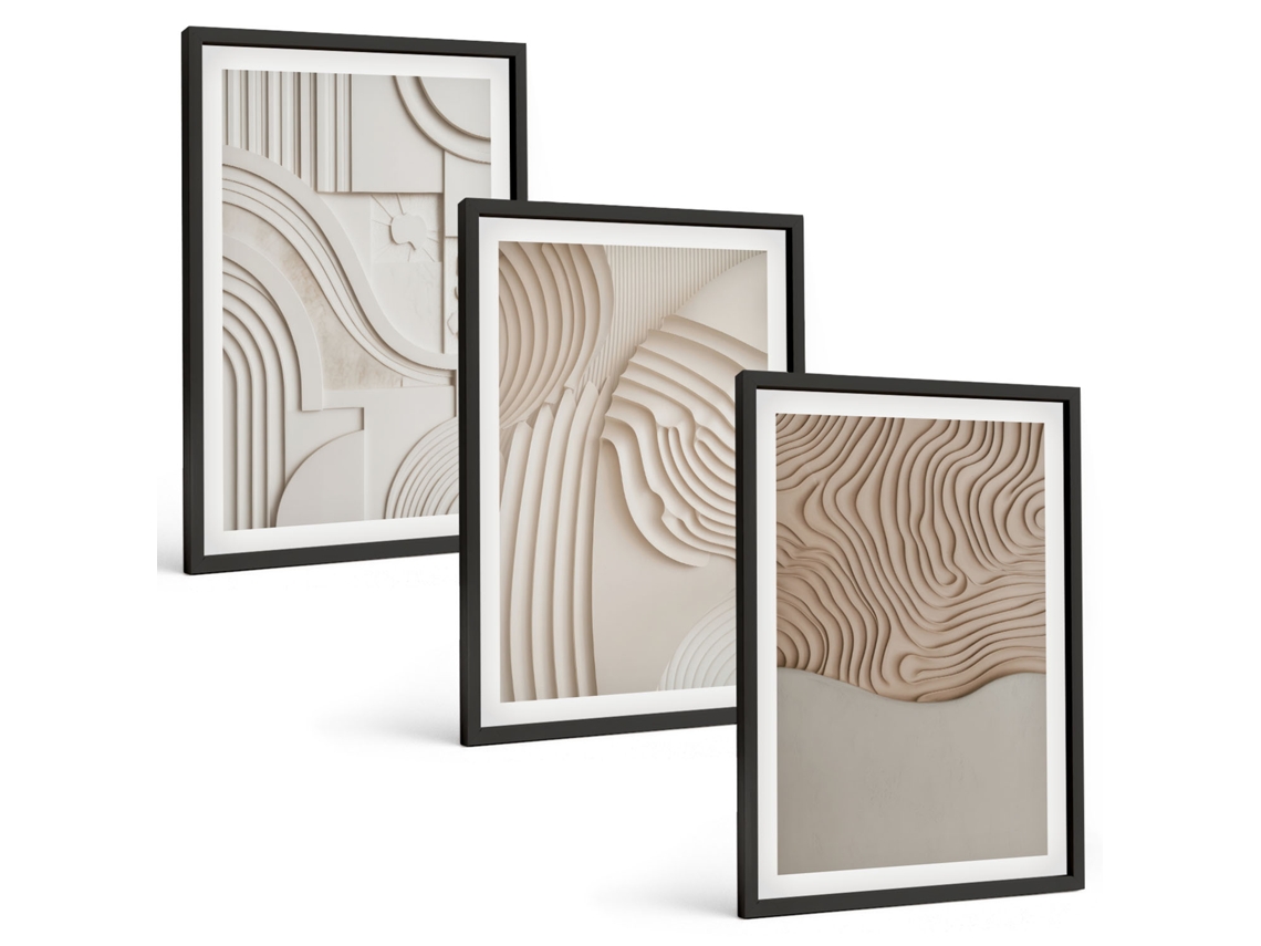 Conjunto De Pinturas Padrões Abstratos Em Bege E Branco Espelharte (3 Peças 40x60 Cm)