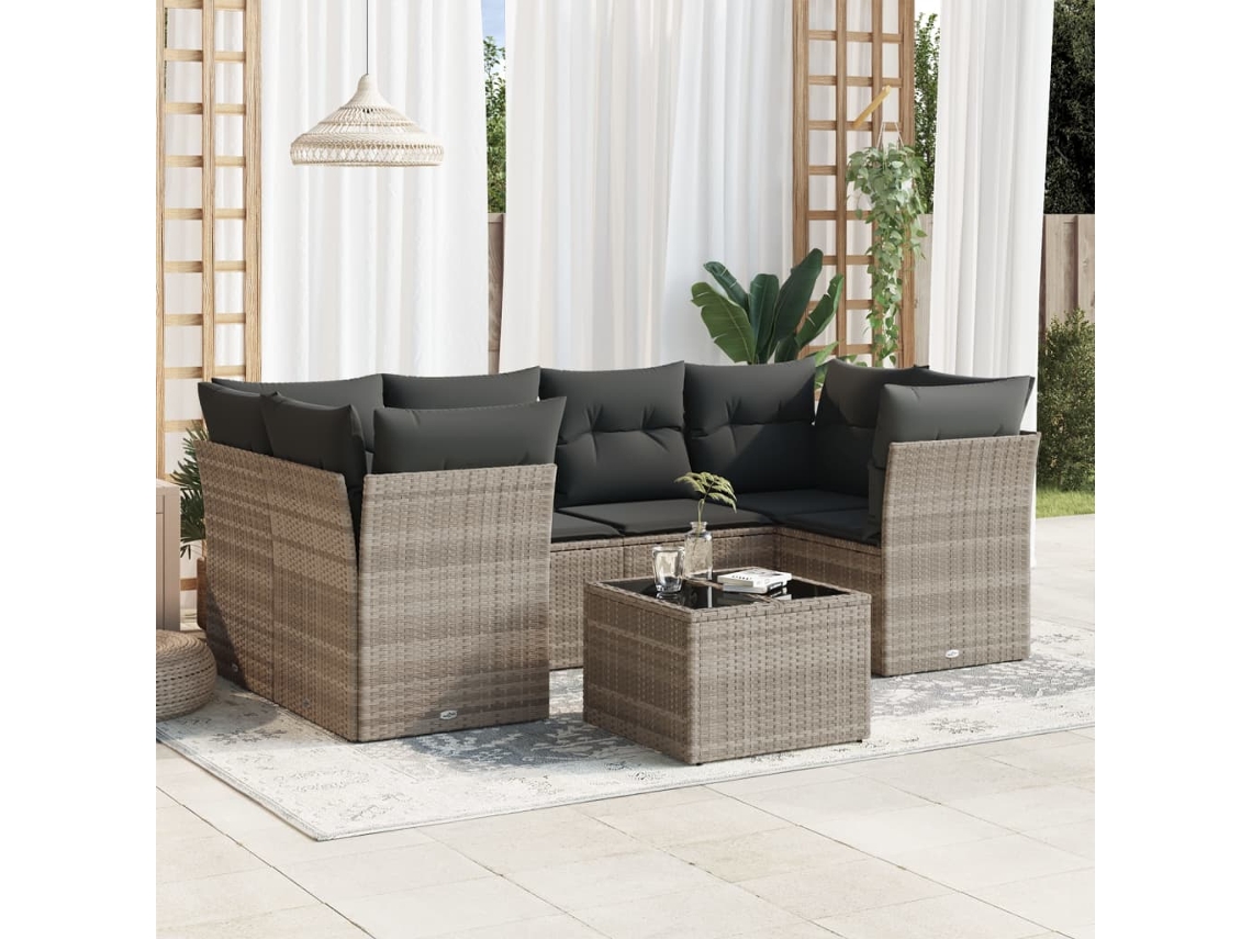 Vidaxl 7 Pcs Conj. Sofás Jardim com Almofadões Vime Pe Cinzento claro