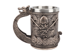 Caneca de Cerveja Viking Vintage de Grande Capacidade com Revestimento em Aço Inoxidável e Ornamento em Resina para e Café AQUAFORGE