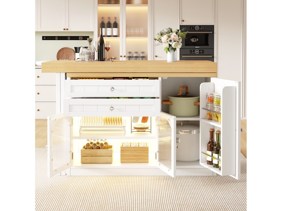 Ilha De Cozinha Mesa De Jantar Extensível 120-194cm Tampo Giratório 360°, Portas Envidraçadas, Gavetas E Arrumações Branco E Preto