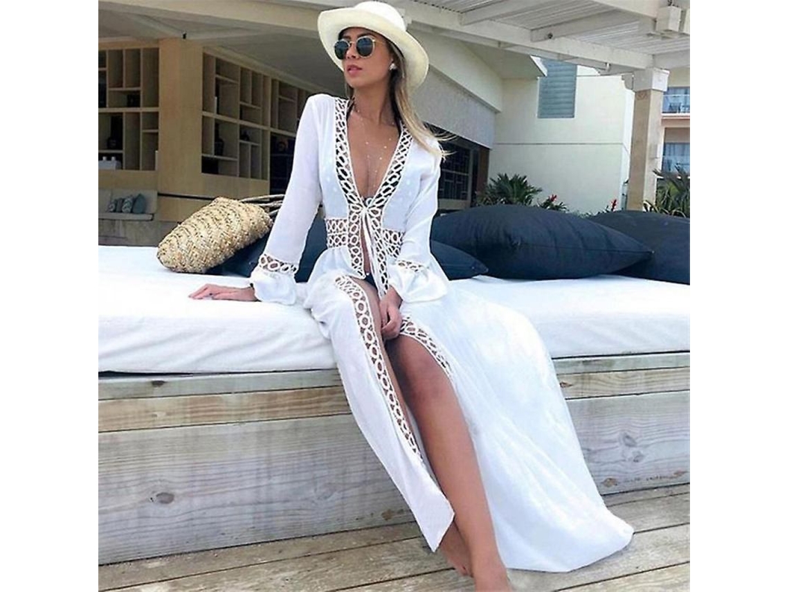 2026-vestido Maxi De Playa Para Mujer Con Escote V Túnica Pareo Blanco Traje De Baño Bikini Cover Up 133cm Blanco
