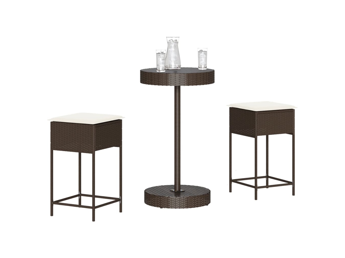 Vidaxl 3 Pcs Conjunto De Bar P/ Jardim Com Almofadões Vime Pe Castanho