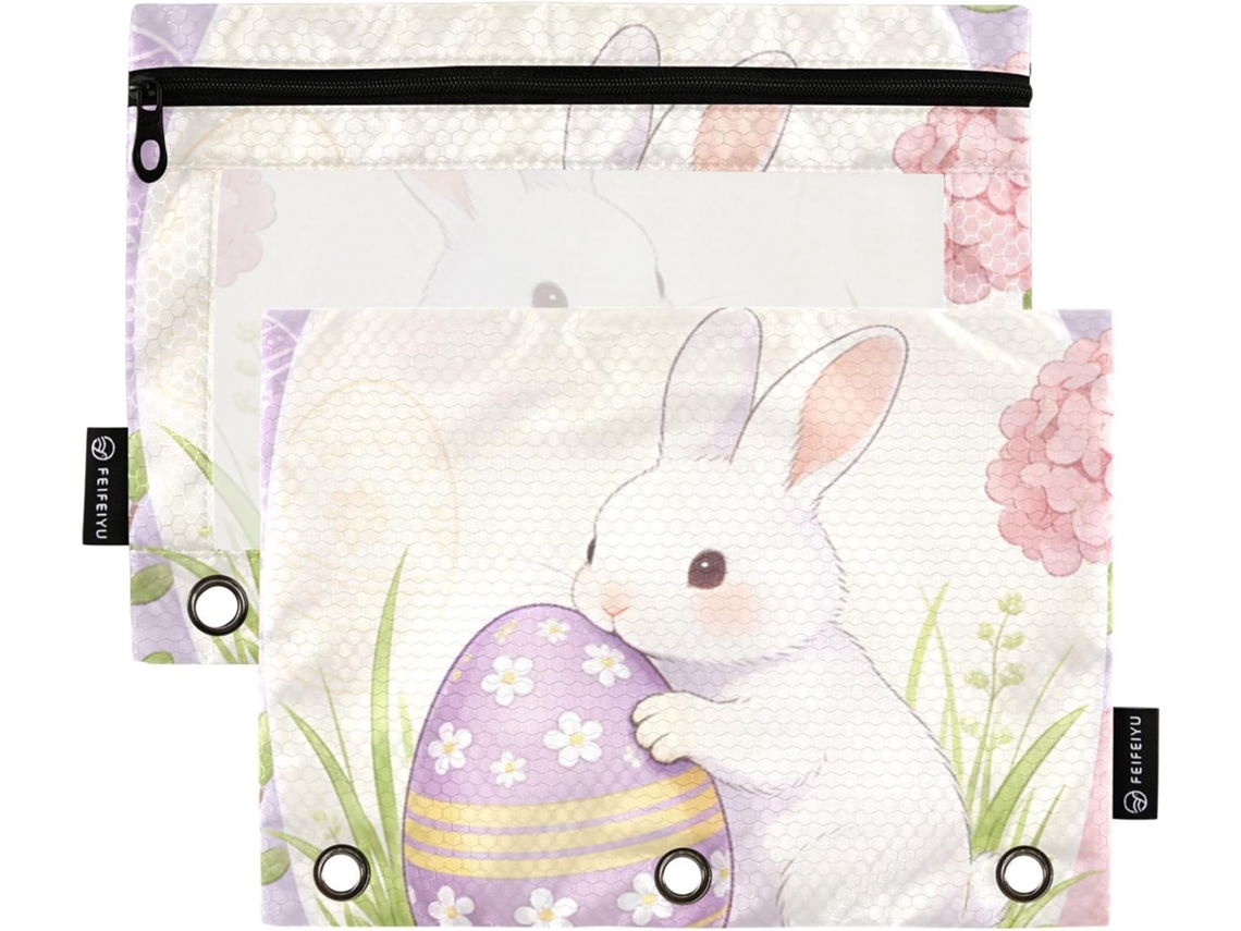 Estojo De Lápis Com Coelhinho Da Páscoa E Flores, Com Grande Capacidade, Janela Transparente E 3 Argolas Guardar