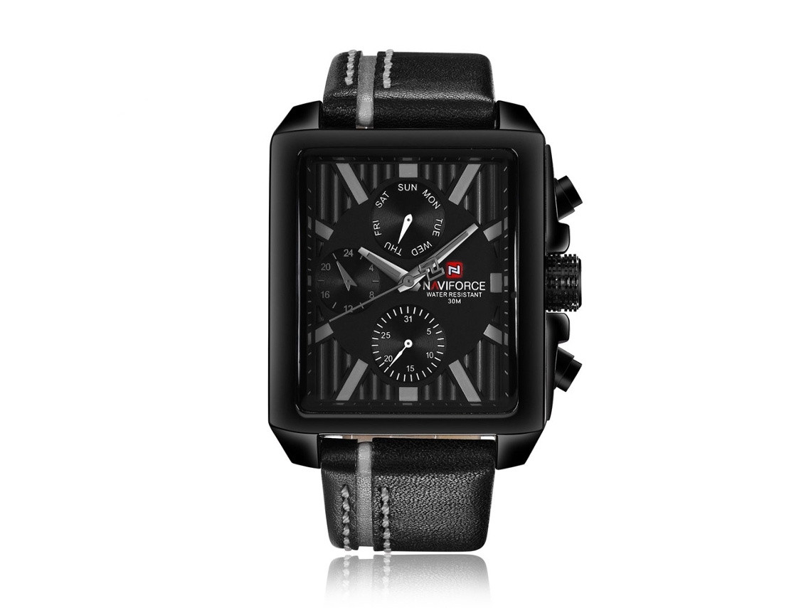 Relógio Masculino Quartz com Pulseira de Couro Quadrado Impermeável 3atm Naviforce