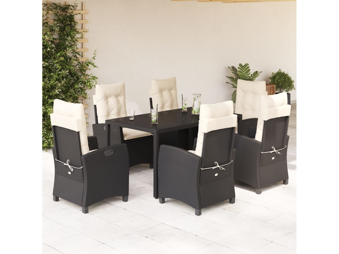 Vidaxl 7 Pcs Conjunto De Jantar P/ Jardim C/ Almofadões Vime Pe Preto