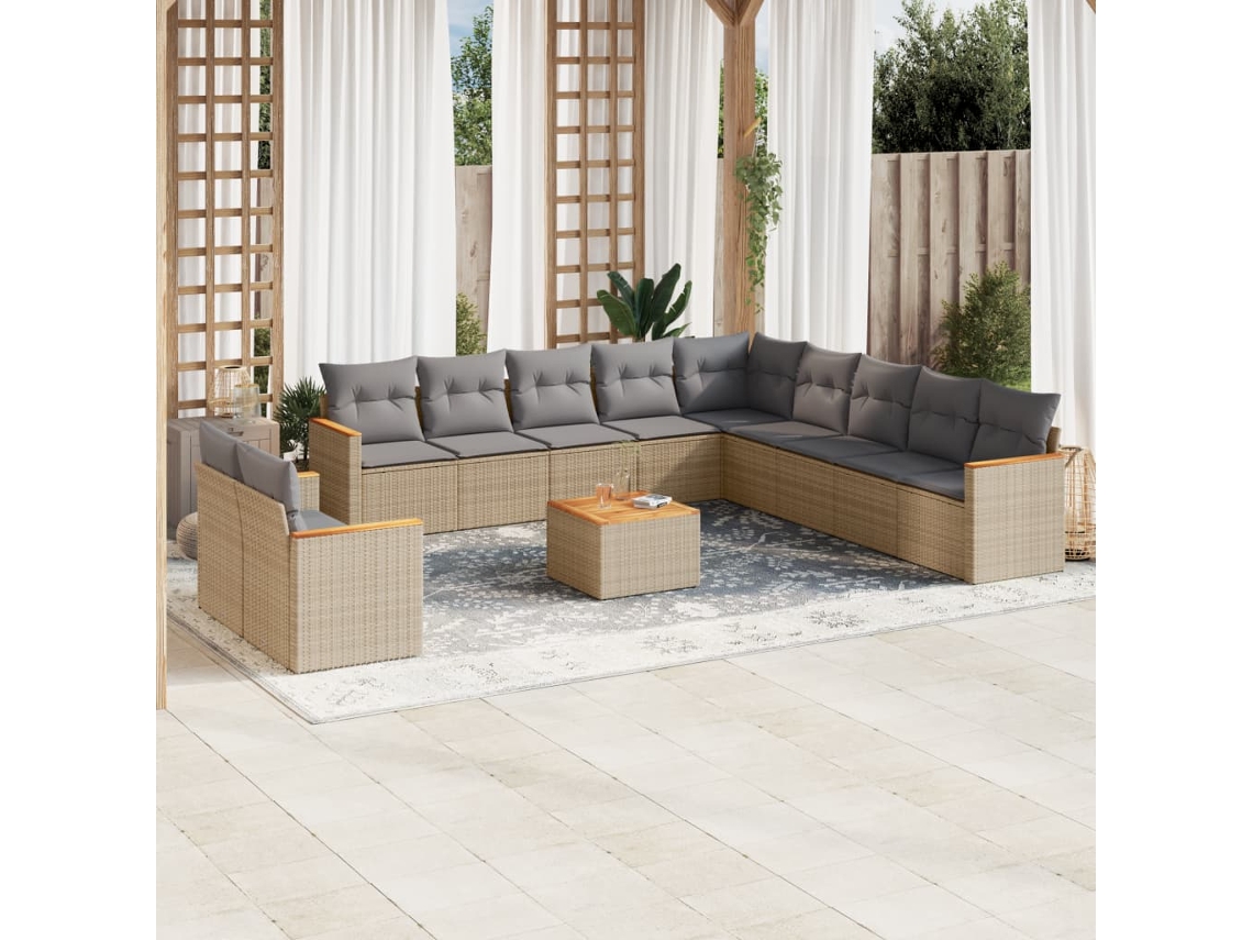 Vidaxl 12 Pcs Conjunto De Sofás P/ Jardim Com Almofadões Vime Pe Bege