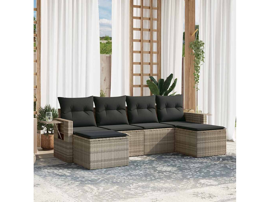 Vidaxl 6 Pcs Conj. Sofás Jardim Com Almofadões Vime Pe Cinzento-claro