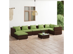 Conjunto 8 Peças Lounge Jardim C/ Almofadões Vime Pe Castanho Dkd Home Decor