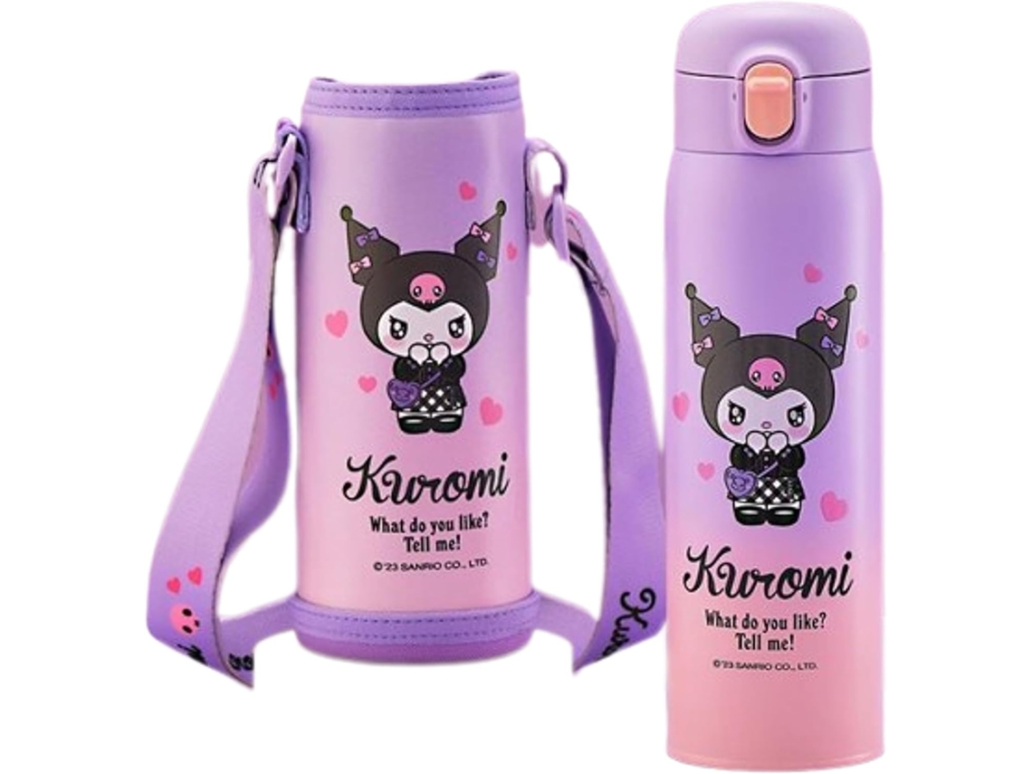 Garrafa de água isolada em aço inoxidável Kuromi com bolsa, 480ml, Brilvibera