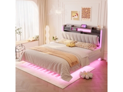 Cama Box Casal 140x200 Com Led, Tomada Usb, Cabeceira Com Nicho, Modelo Suspenso, Tecido Linho, Bege.