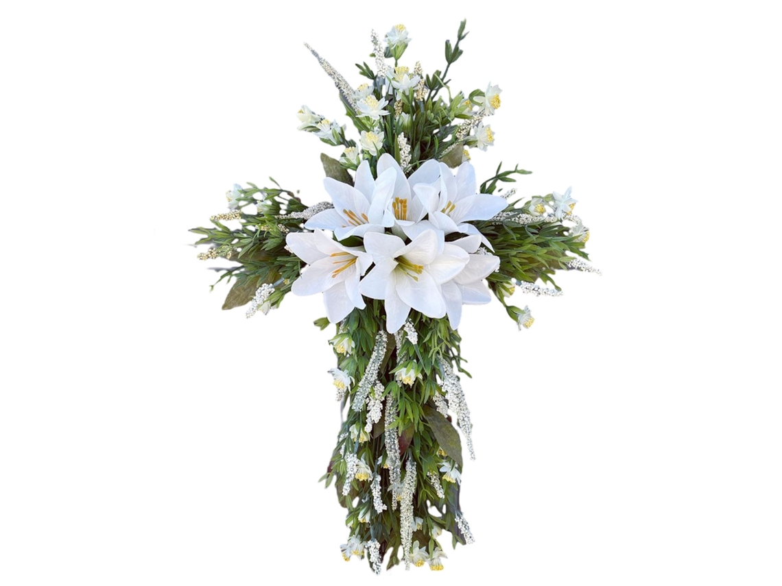 Laxiscreed Coroa De Páscoa Com Cruz E Lírios Artificiais 50x40cm Para Decoração Natalícia