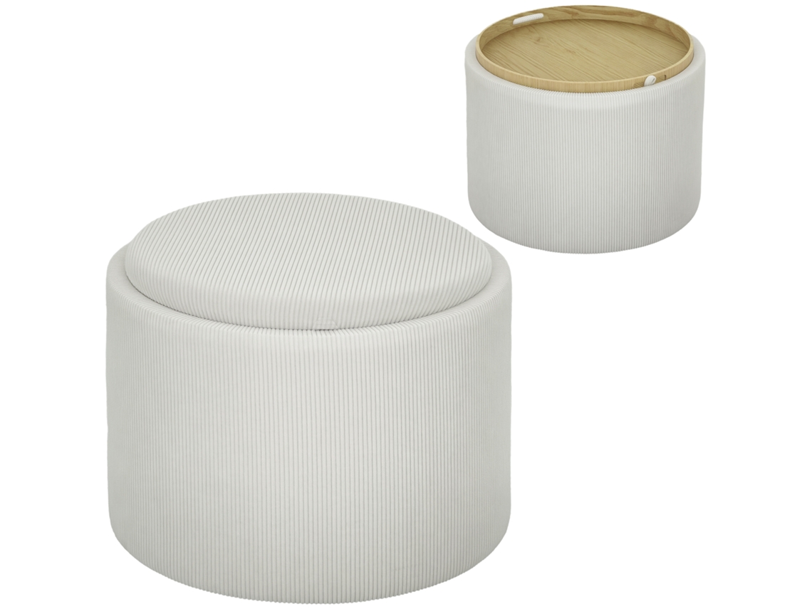 Banco De Armazenamento Redondo, Apoio Para Pés, Tecido Cord, Mdf, Branco Cremoso