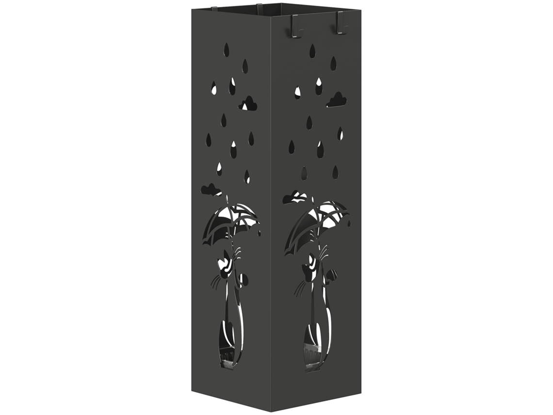 Suporte Guarda-chuvas Quadrado Estilizado Metal Bandeja Coletora 4 Ganchos Preto