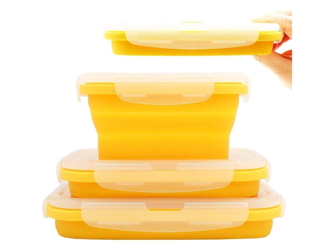 2026 set de 3 Caixas de Silicone Dobráveis para Almoços Portáteis, Herméticas, Micro ondas, Lava louças e Congelador, Amarelo