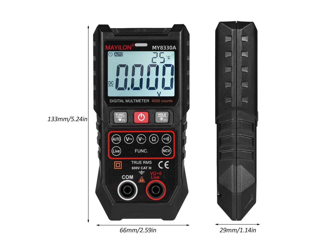 Multímetro Digital Mayilon Trms 4000 Contagens Tester de Tensão Ncv Lcd Retroiluminado Função de Retenção de Dados