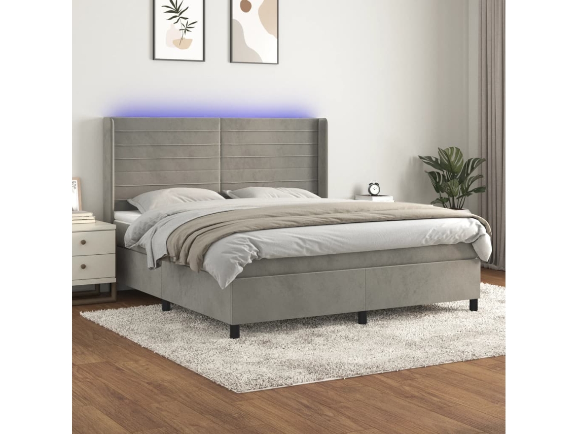 Vidaxl Cama Box Spring C/ Colchão/led 160x200 Cm Veludo Cinzento-claro