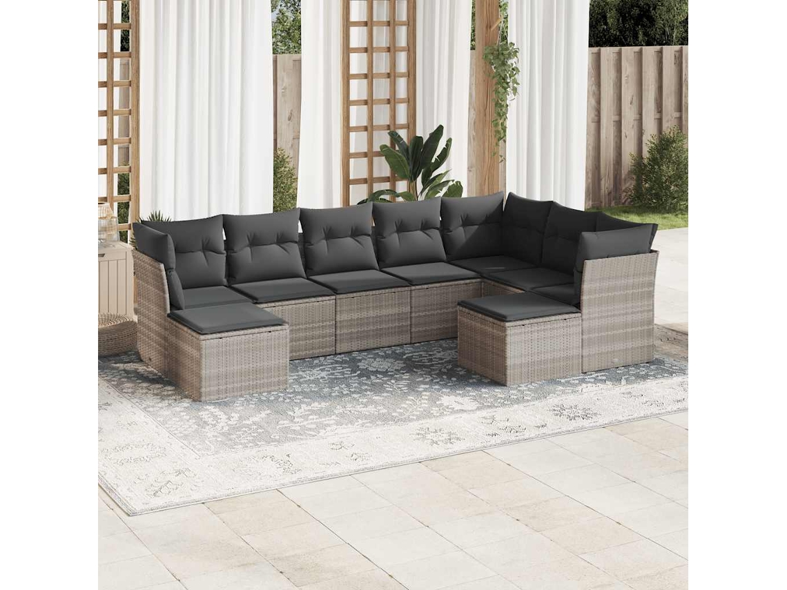 Vidaxl 9 Pcs Conj. Sofás Jardim Com Almofadões Vime Pe Cinzento-claro