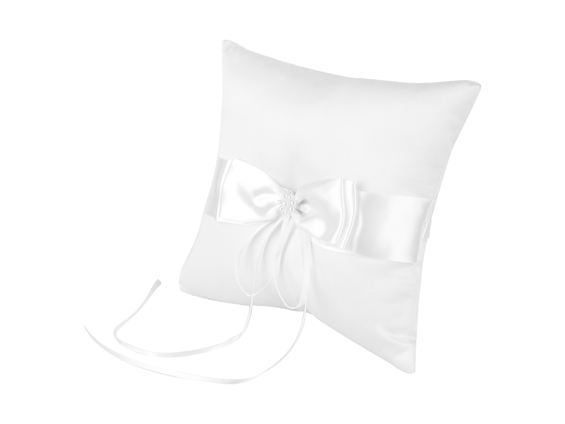 Travesseiro porta anéis de seda branco com laço e pérola, 20x20cm | S/MARCA