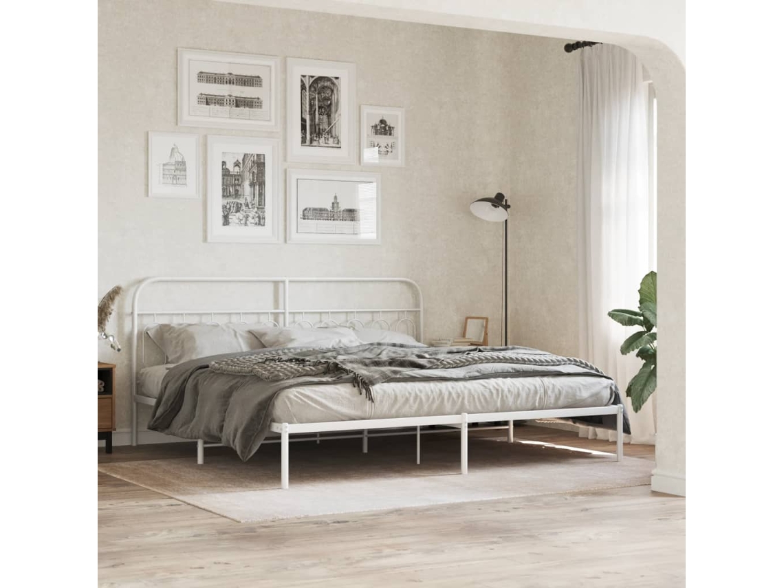 Cama De Casal | Camas Para Quarto | Estrutura De Cama Com Cabeceira 200x200 Cm Metal Branco