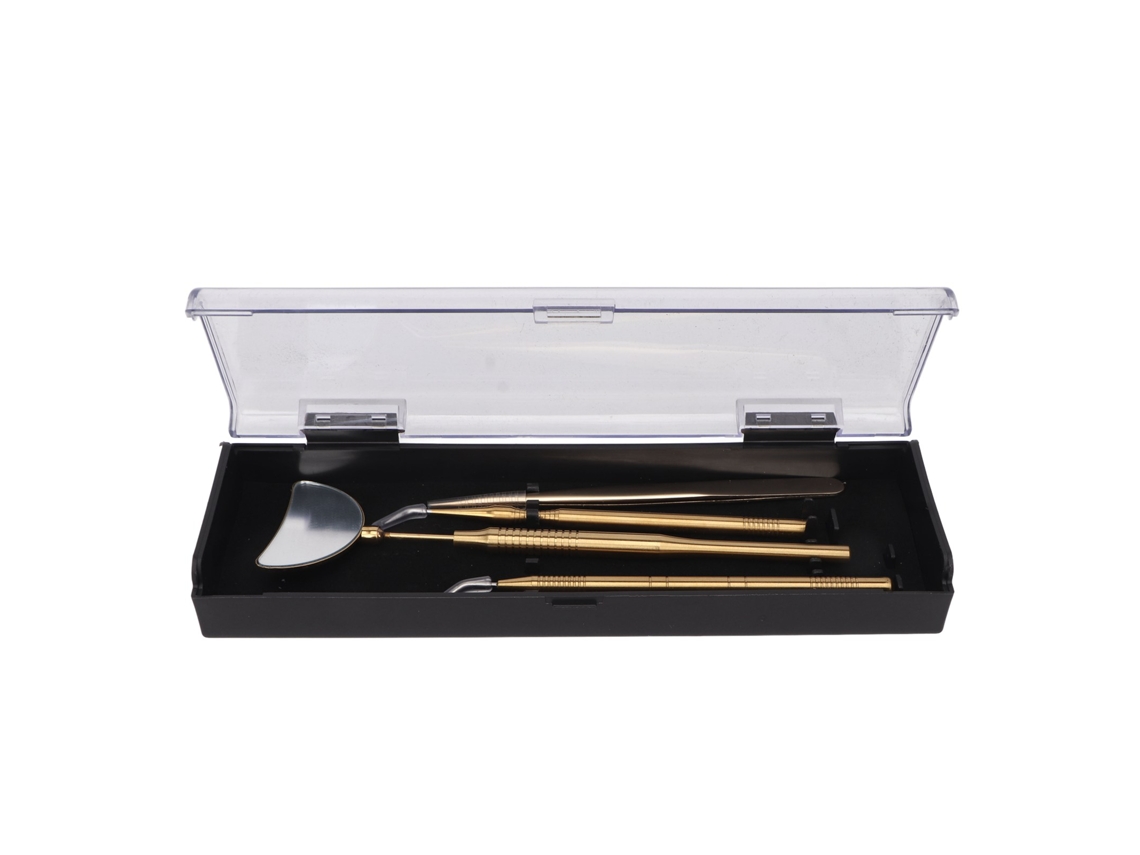 Kit De Pinças E Espelho Para Extensões De Cílios Inoxidável Com Alça Anti-derrubada Rotativa Ouro 4pcs