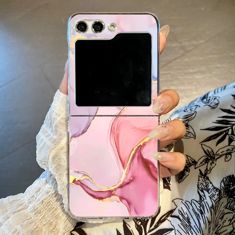 Capa Dobrável Transparente Em Policarbonato Com Estampa De Mármore Rosa Para Samsung Z Flip4.