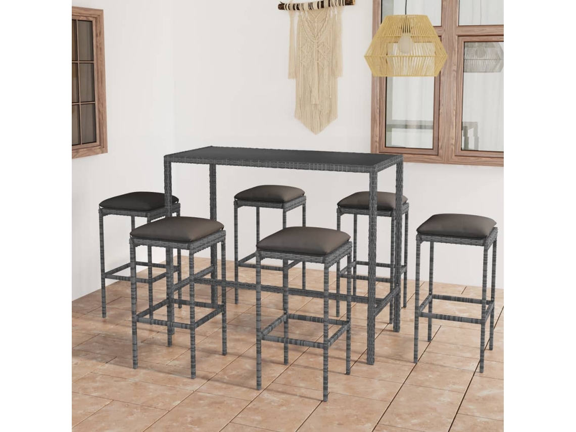 Vidaxl 7 Pcs Conjunto De Bar P/ Jardim C/ Almofadões Vime Pe Cinzento