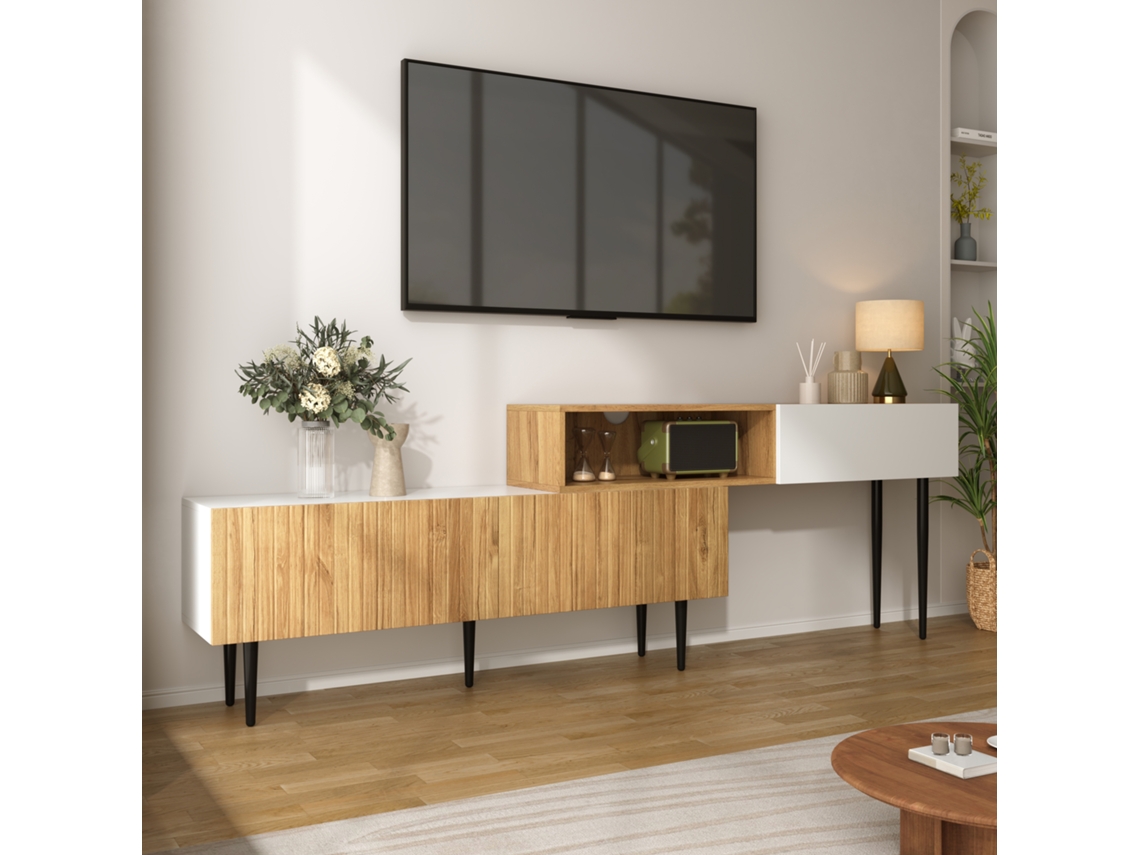 Armário Tv Modular Madeira+branco, Pernas Pretas.-zz