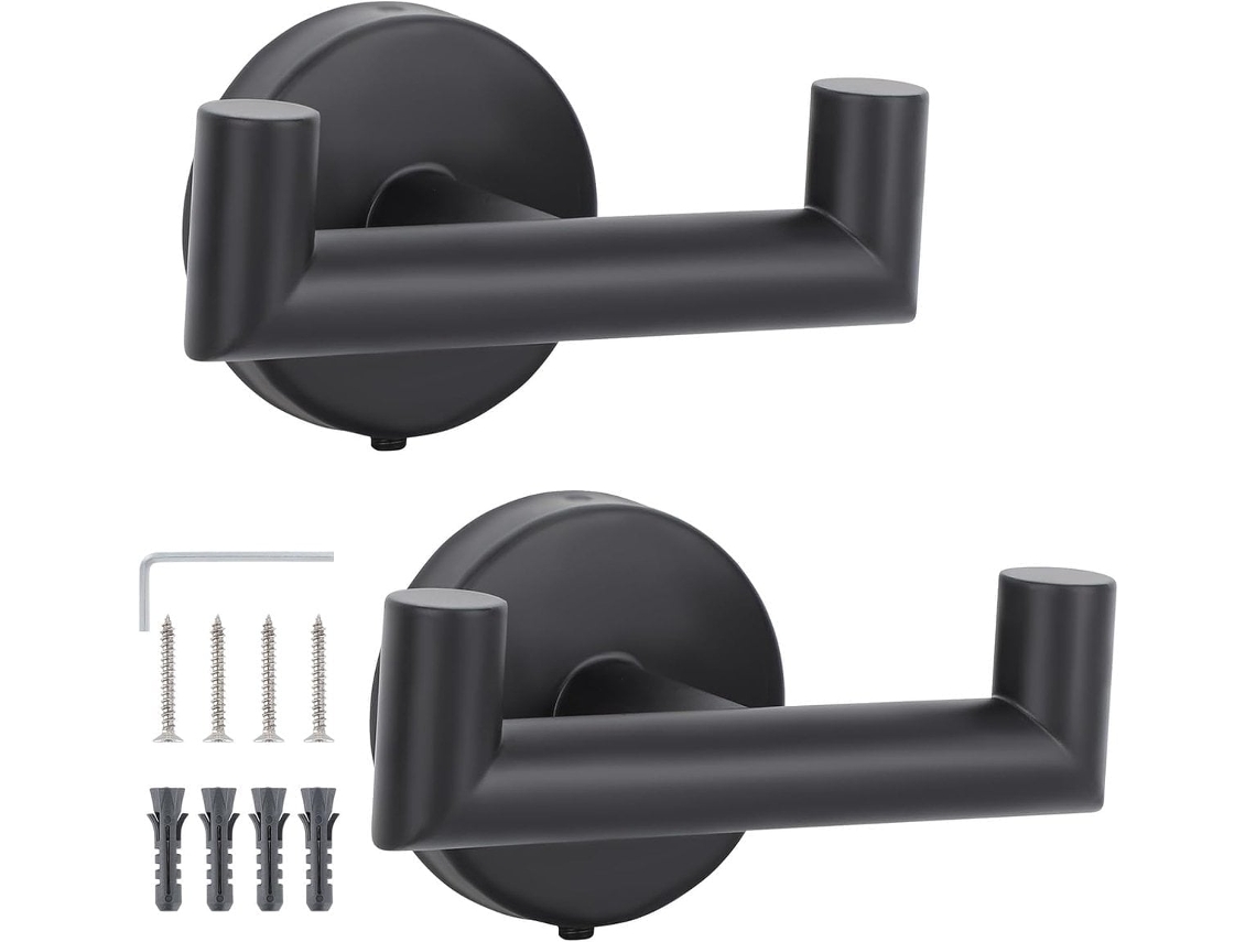 Ganchos de Banheiro, Suporte de Toalha Parede, Duplo em Aço Inoxidável, Preto, 2 Peças BRILVIBERA