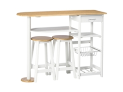 Conjunto De Mesa Com 1 Gaveta 2 Prateleiras Cesta Removível E Suporte Para Garrafas 119x38,5x88,5cm E 2 Bancos 29x29x55cm Branco