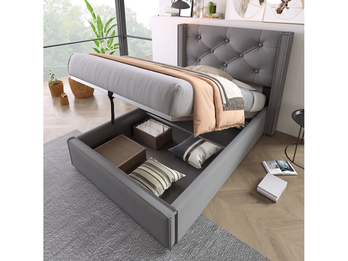 Cama Solteiro 90x200cm Hidráulica Com Estante E Armazenamento Cinza