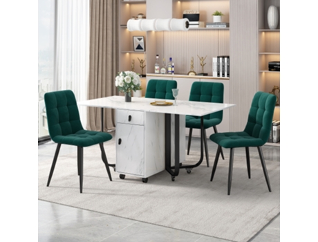 Conjunto De Jantar Com Mesa 150x80x76cm E 4 Cadeiras De Veludo Estofadas, Dobrável E Com Tampo Em Mdf Branco E Pernas Pretas. Mega Echo Trade Shop