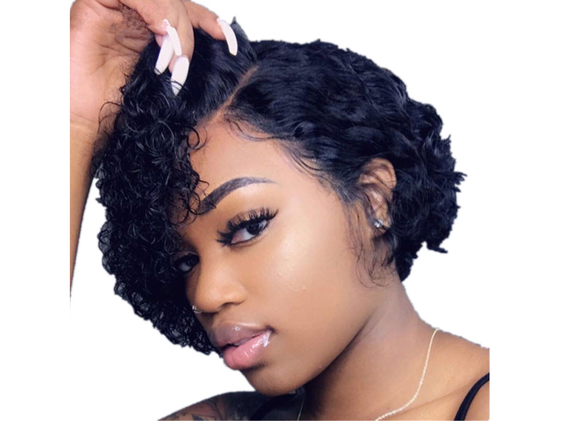 Peruca Curta Cacheada Afro De Cabelo Humano Peruca Frontal De Renda Para Mulheres Festa De Cosplay Moda