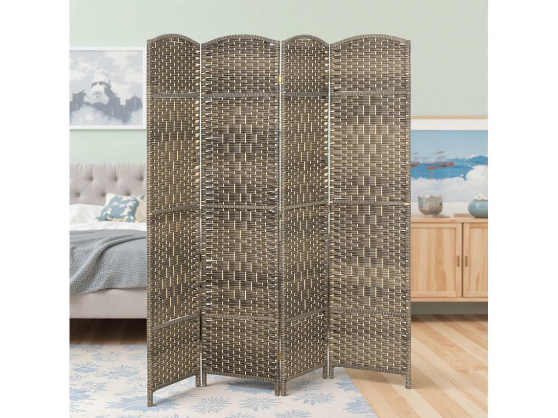 Room Divider, 4-piece Folding Divider, Wicker Pattern, Pine Wood, Wash Black