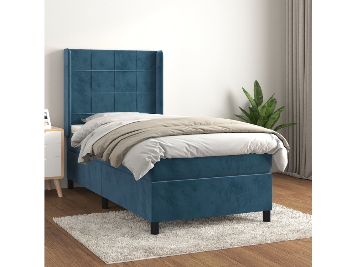 Cama Com Molas/colchão 90x190 Cm Veludo Azul-escuro
