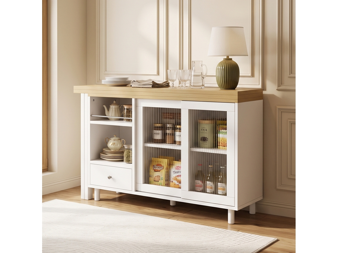 Mesa Dobrável Extensível Com Ampla Arrumação E Porta Envidraçada Giratória 360°, Natural E Branco