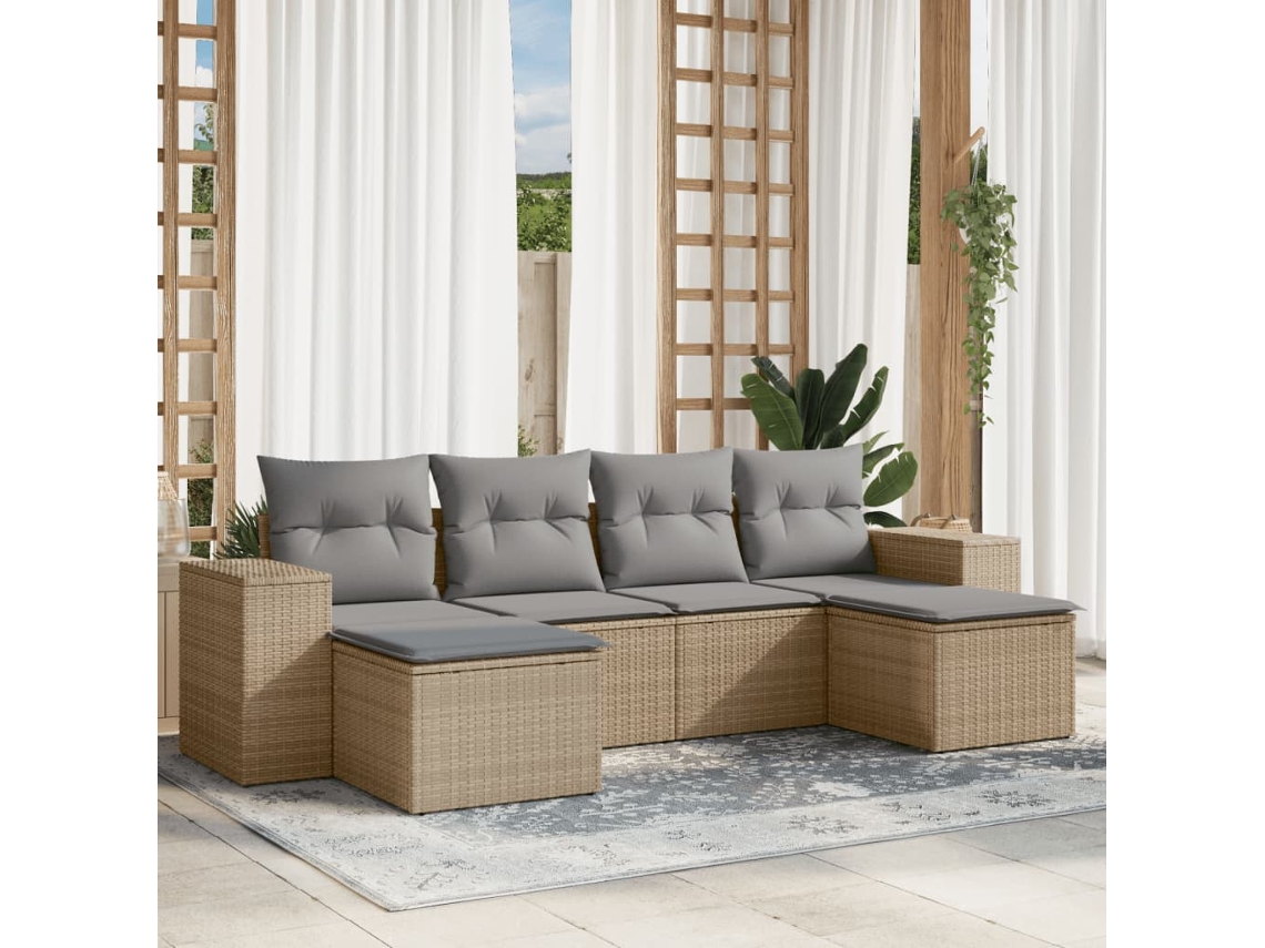 Conjunto de 6 Sofás para Jardim com Almofadas Vime Pe Bege Dkd Home Decor