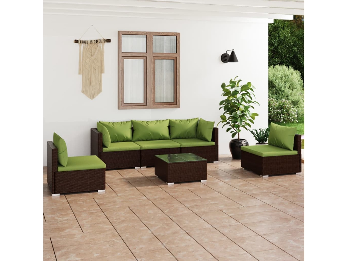 Vidaxl 6 Pcs Conjunto Lounge Jardim C/ Almofadões Vime Pe Castanho