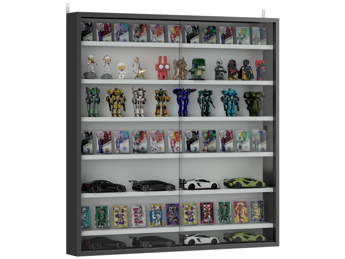 Vitrine De Parede Ajustável 80x9,5x83 Cm Com 6 Prateleiras E 2 Portas De Vidro Deslizantes Para Coleções Elegantes