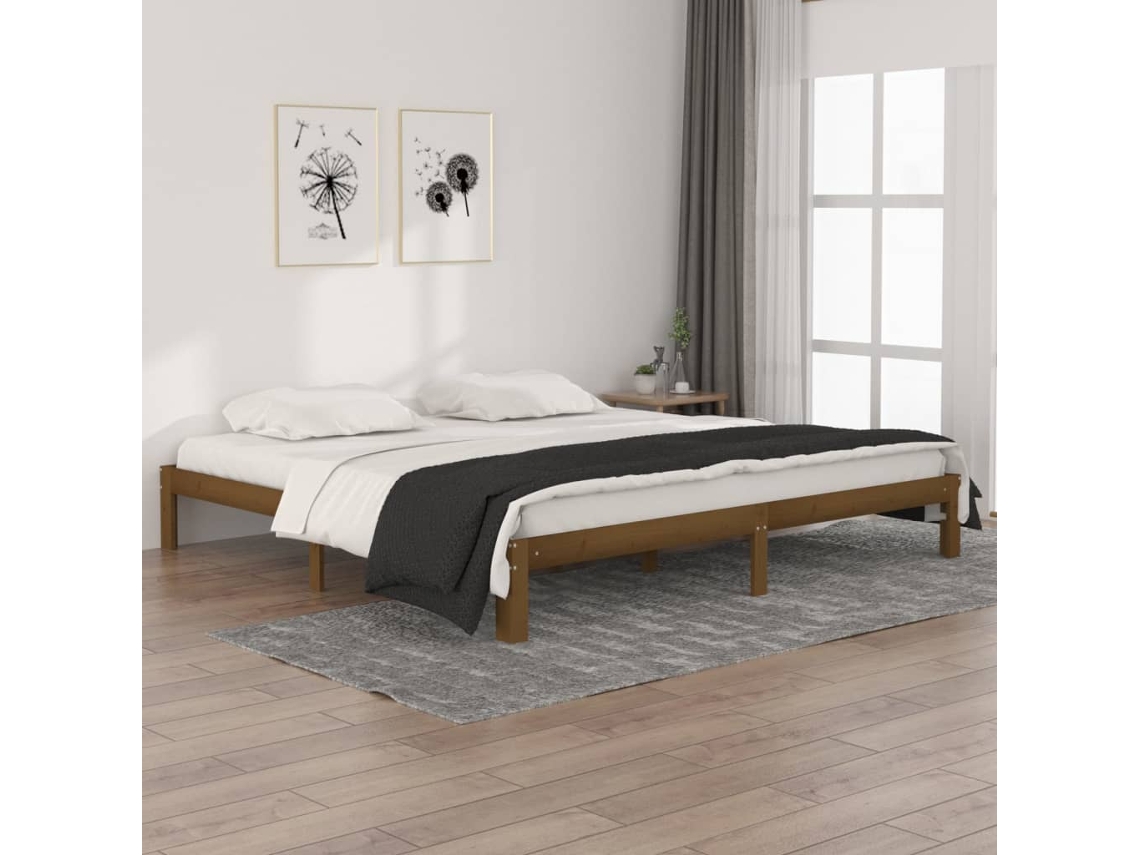 Estrutura De Cama 200x200 Cm Pinho Maciço Castanho Mel