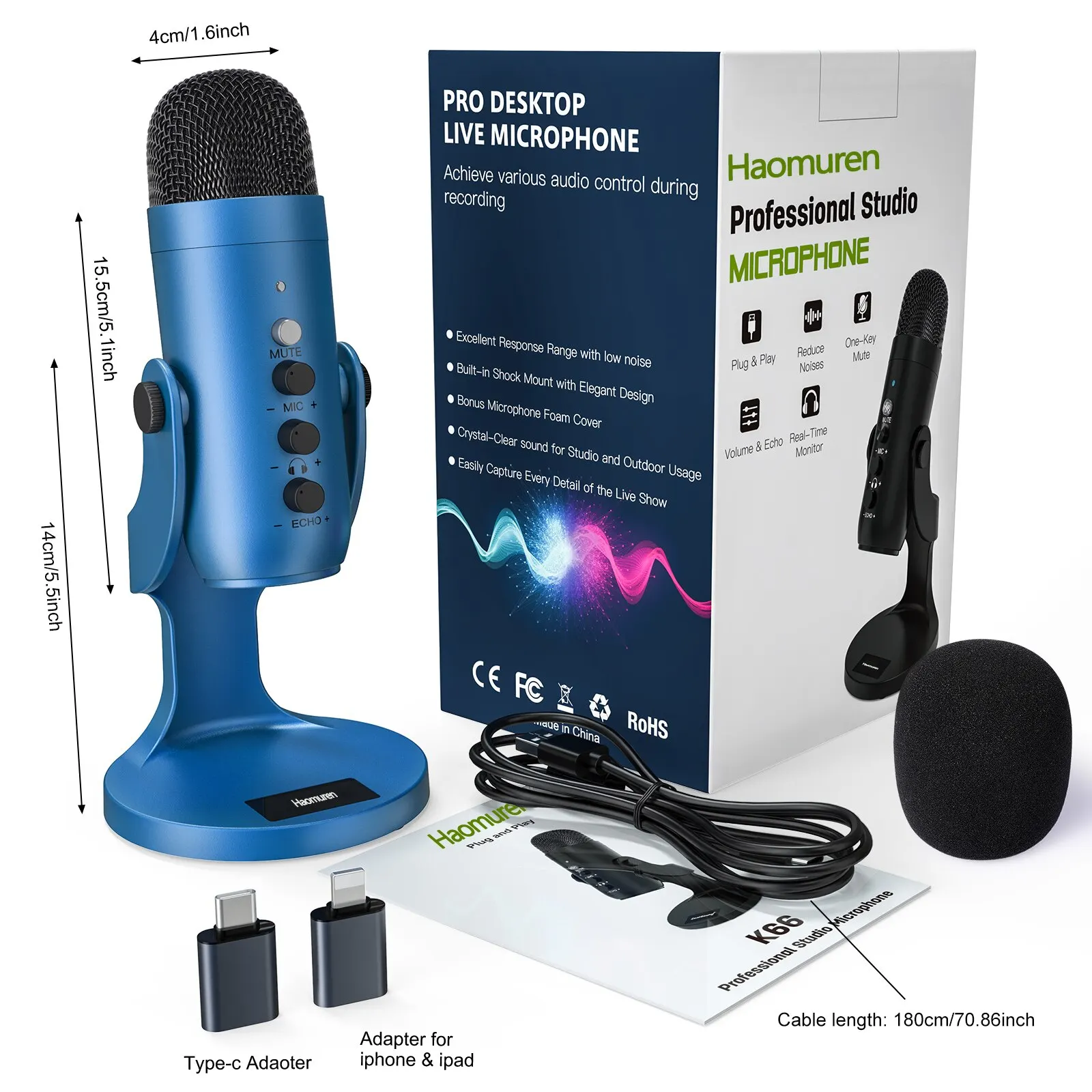 Microfone Condensador Usb Profissional, Adequado para Pc, Celulares, Jogos, Transmissões Ao Vivo, Podcasts e Gravações. MDUG
