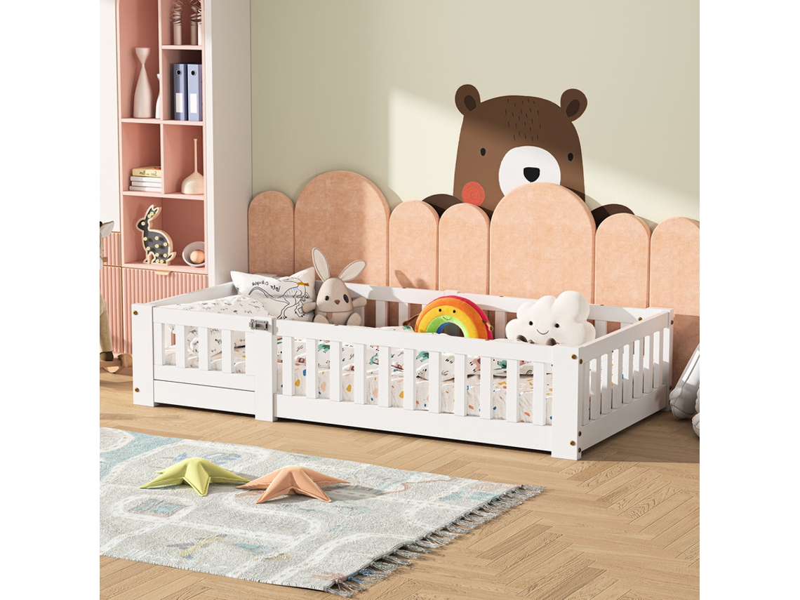 Cama Montessori Infantil Veyrixan 80x160 Branca Com Grade De Proteção Anti-queda De Madeira Maciça Para Bebé