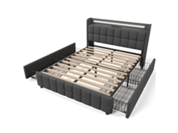 Cama Estofada Casal 160x200cm com Usb,led,4 Gavetas e Estrado de Madeira cinza com Colchão Incluído PAPRIKA