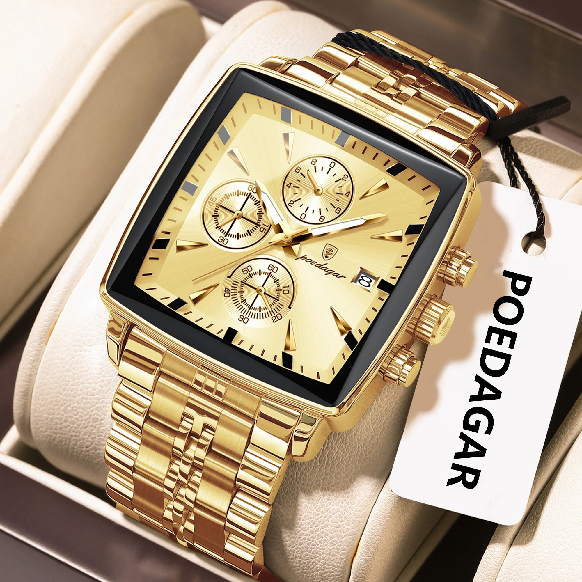 Relógio Masculino De Luxo (dourado), À Prova D'água, Aço Inoxidável Luminoso, Estilo Militar, Cronógrafo, Exibição De Data, Para Negócios.