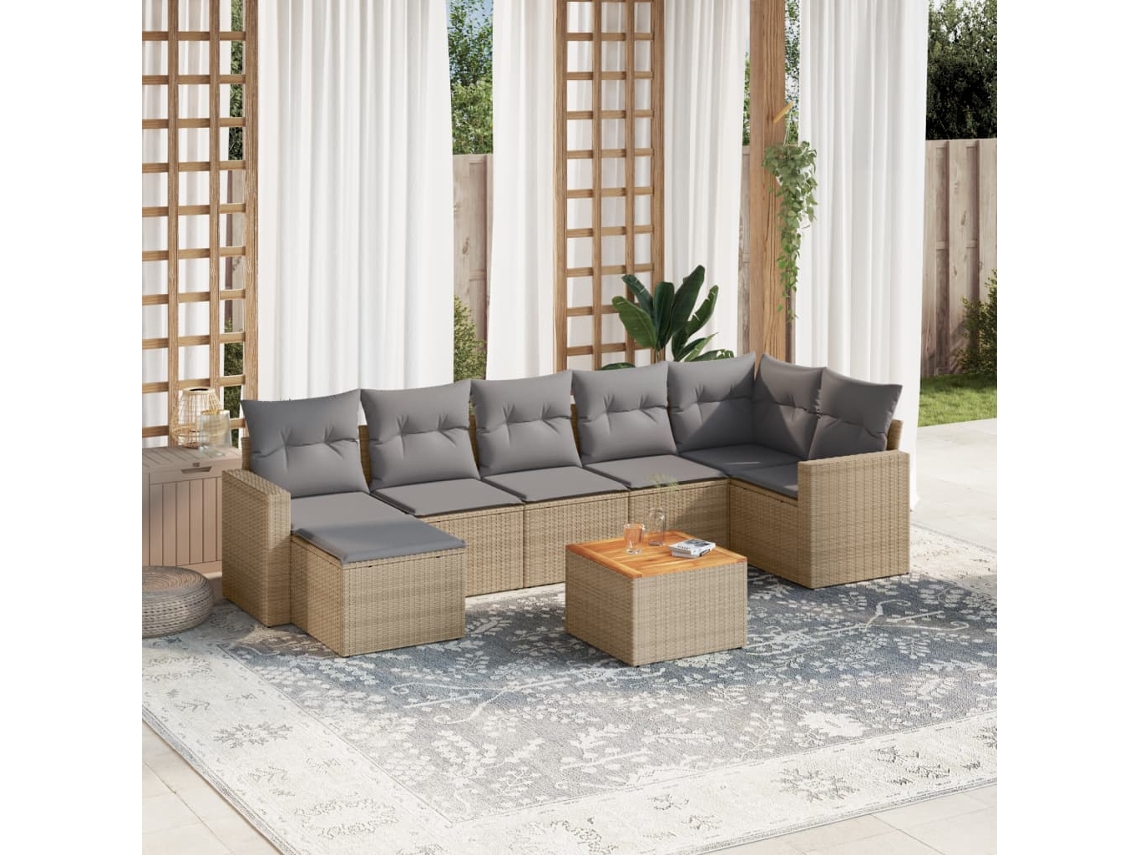 Vidaxl 8 Pcs Conj. Sofás Jardim C/ Almofadões Vime Pe Bege Misturado