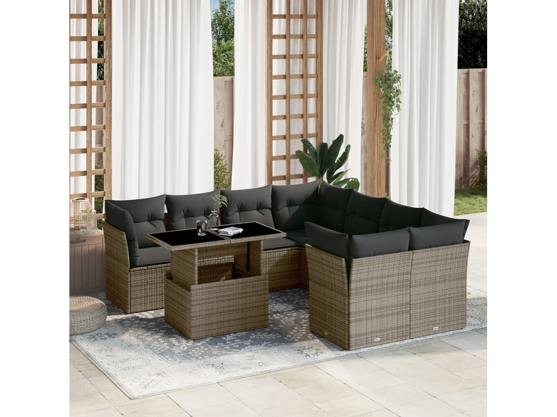 9 Pcs Conjunto Sofás P/ Jardim Com Almofadões Vime Pe Cinza Dkd Home Decor